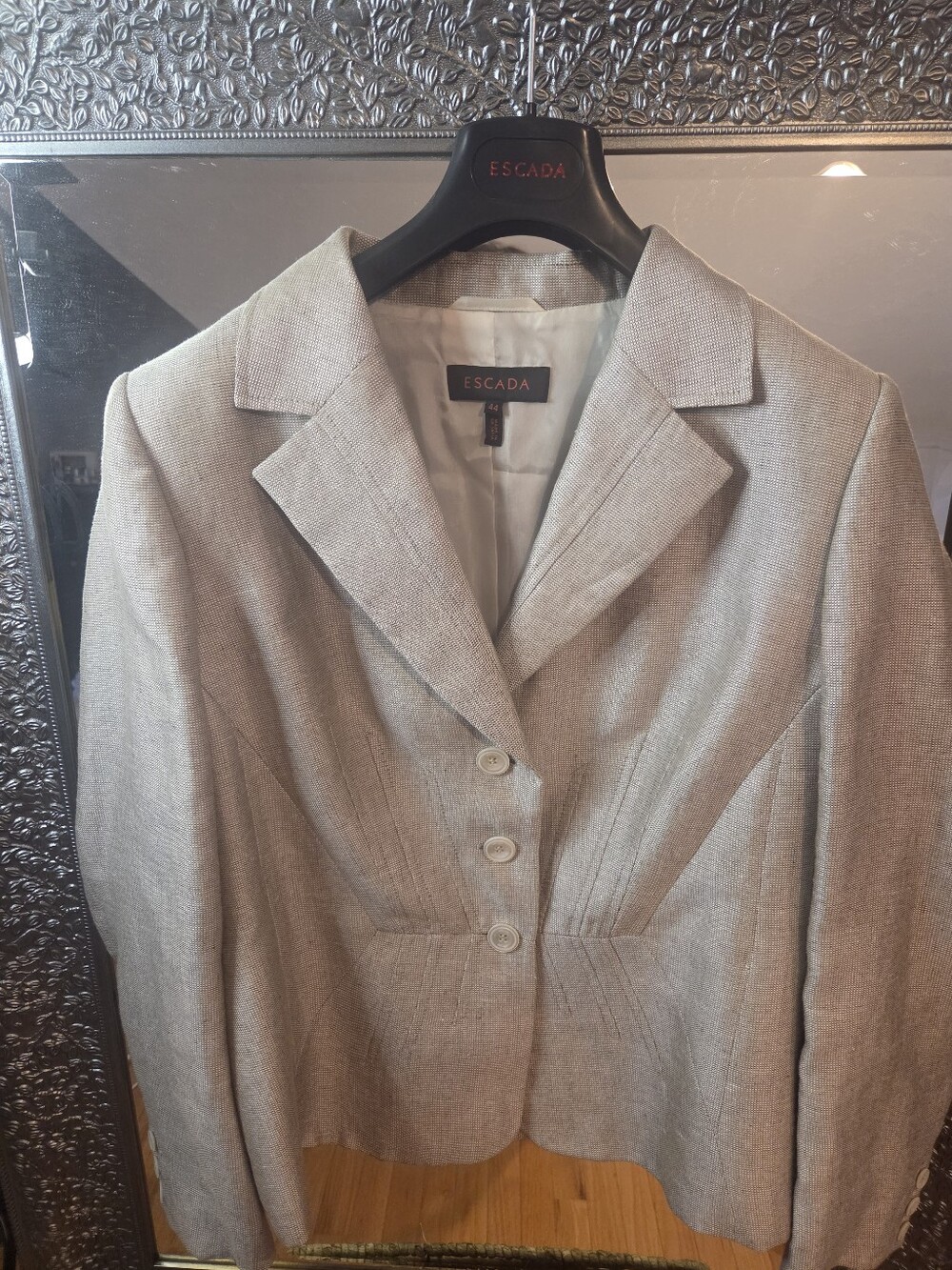 ESCADA VTG RARE Silk Linen Blazer Jacket Taupe Beige 3-Button Structured Y2K